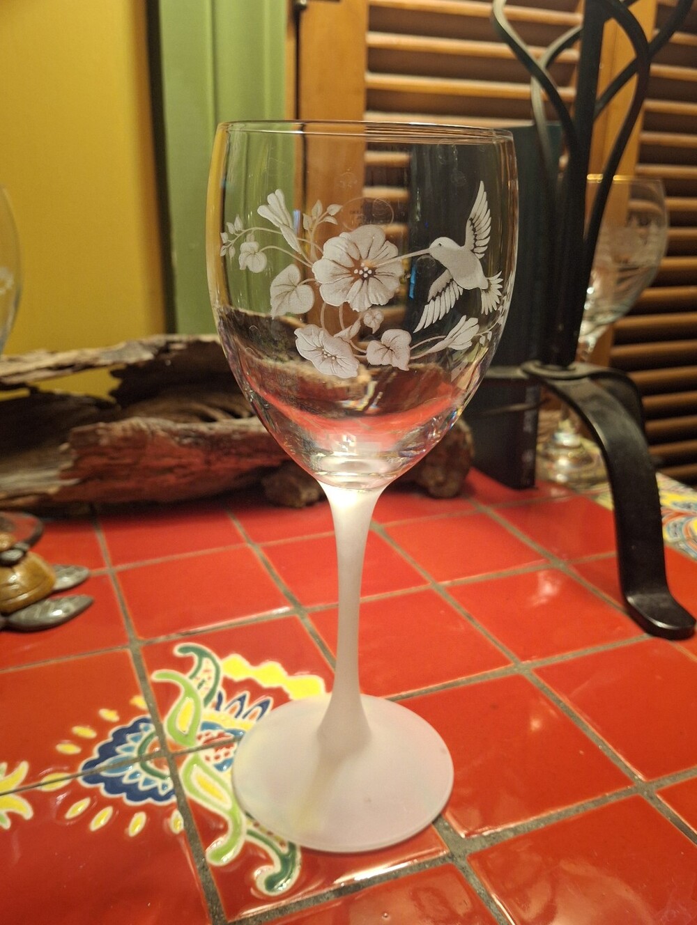 Hummingbird Etched Crystal W Frost Glass Stem Goblet Drink Glass 8.25" Vntg Avon